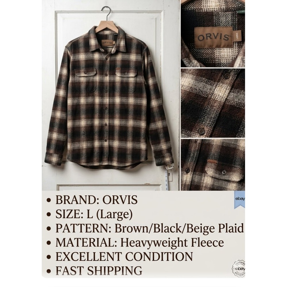 Orvis Mens Large Heavyweight Fleece Plaid Shirt Brown Black Flannel Shacket L